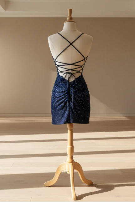 NOVALEE MINI - NAVY - HOT STONE LACE-UP DRESS - Image 3