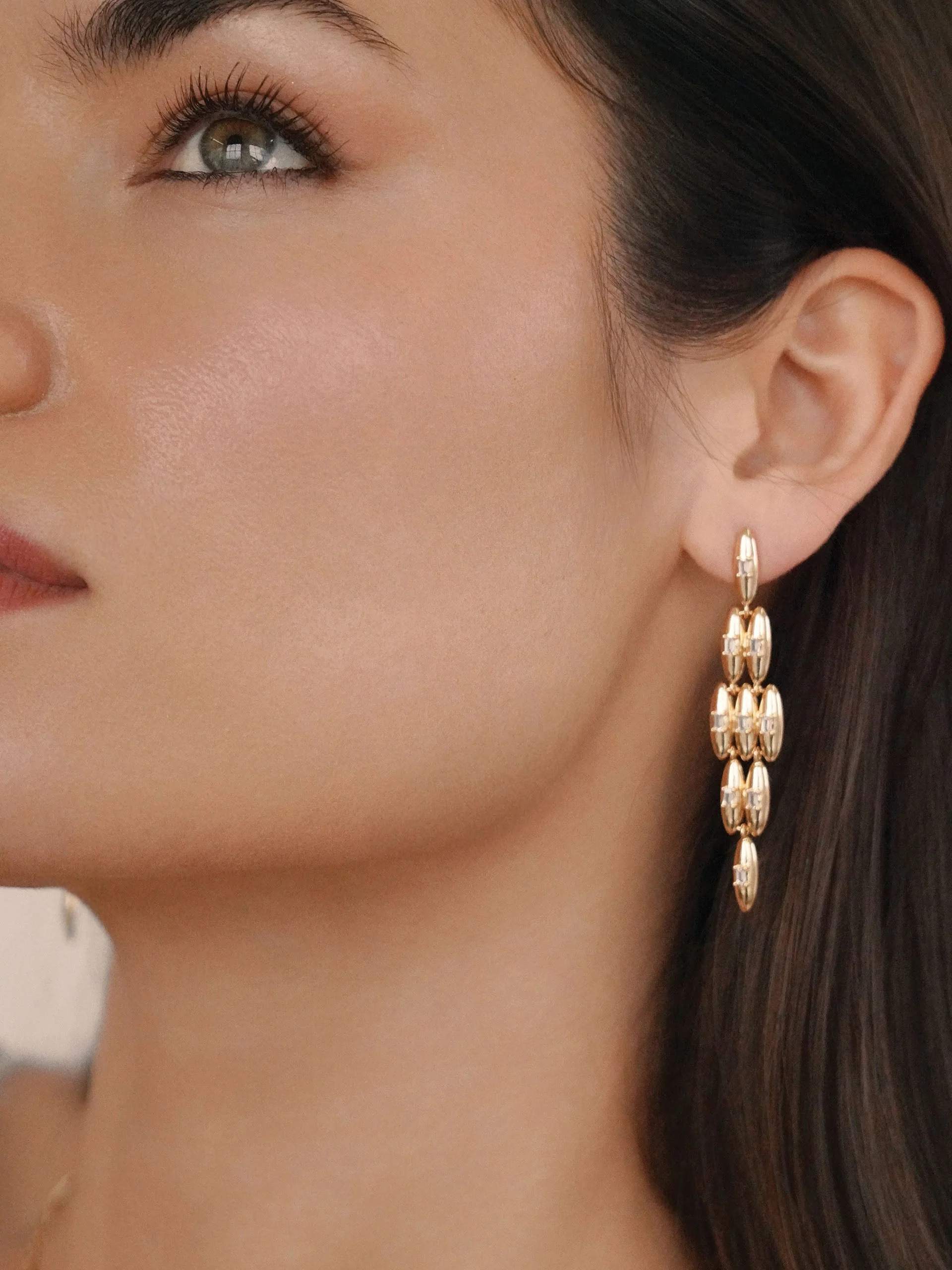 Oval Dome Baguette Dangle Earrings - Image 4