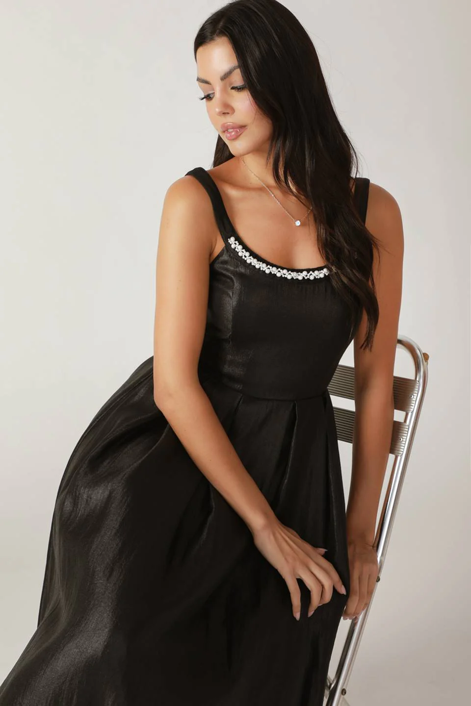 PEARL TRIM BLACK SATIN MIDI DRESS - FINAL SALE - Image 4