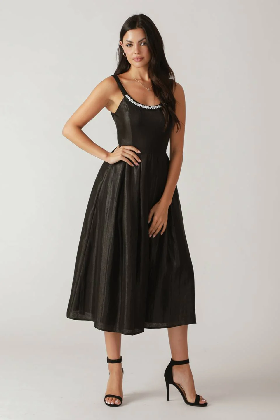 PEARL TRIM BLACK SATIN MIDI DRESS - FINAL SALE - Image 5