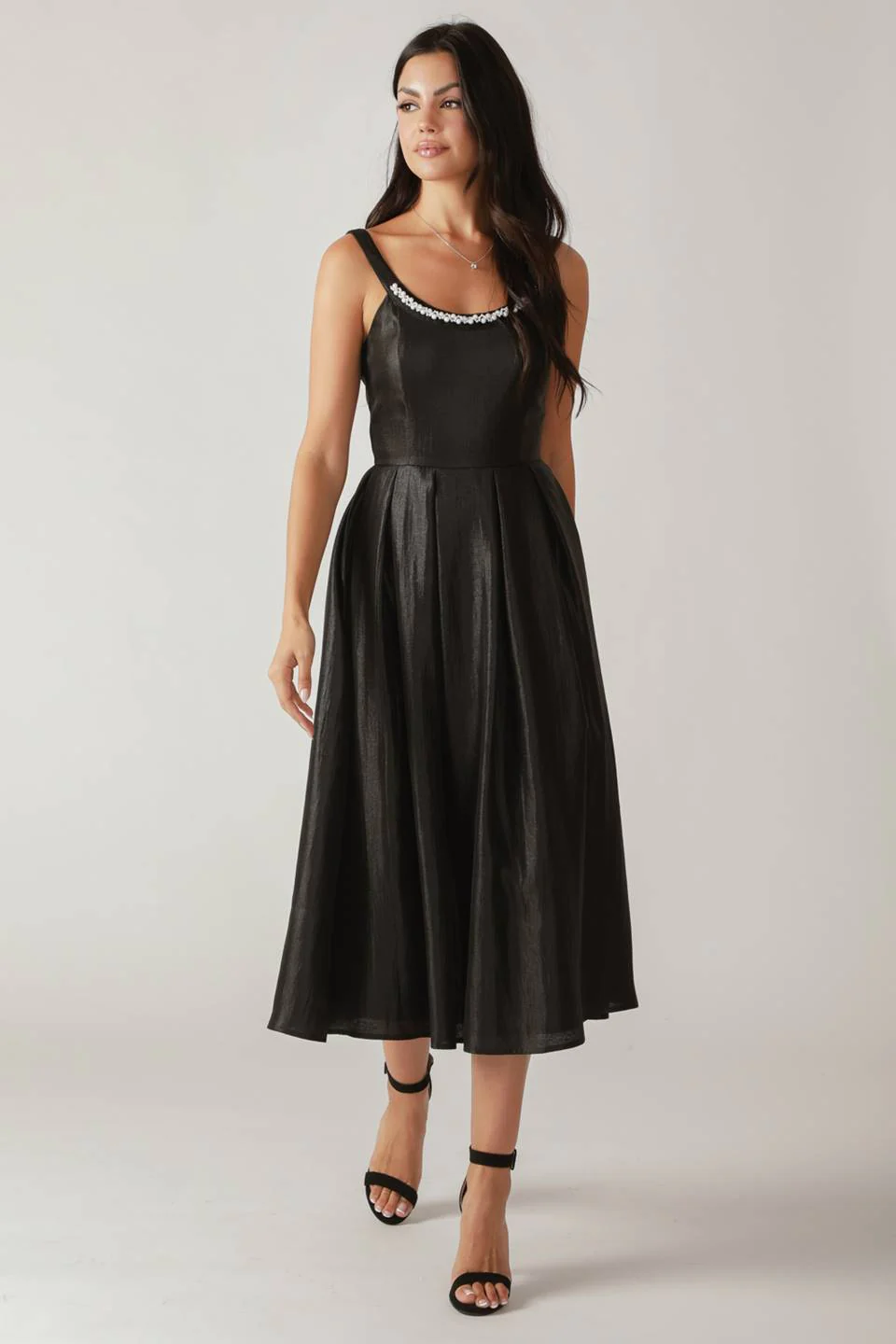 PEARL TRIM BLACK SATIN MIDI DRESS - FINAL SALE - Image 6