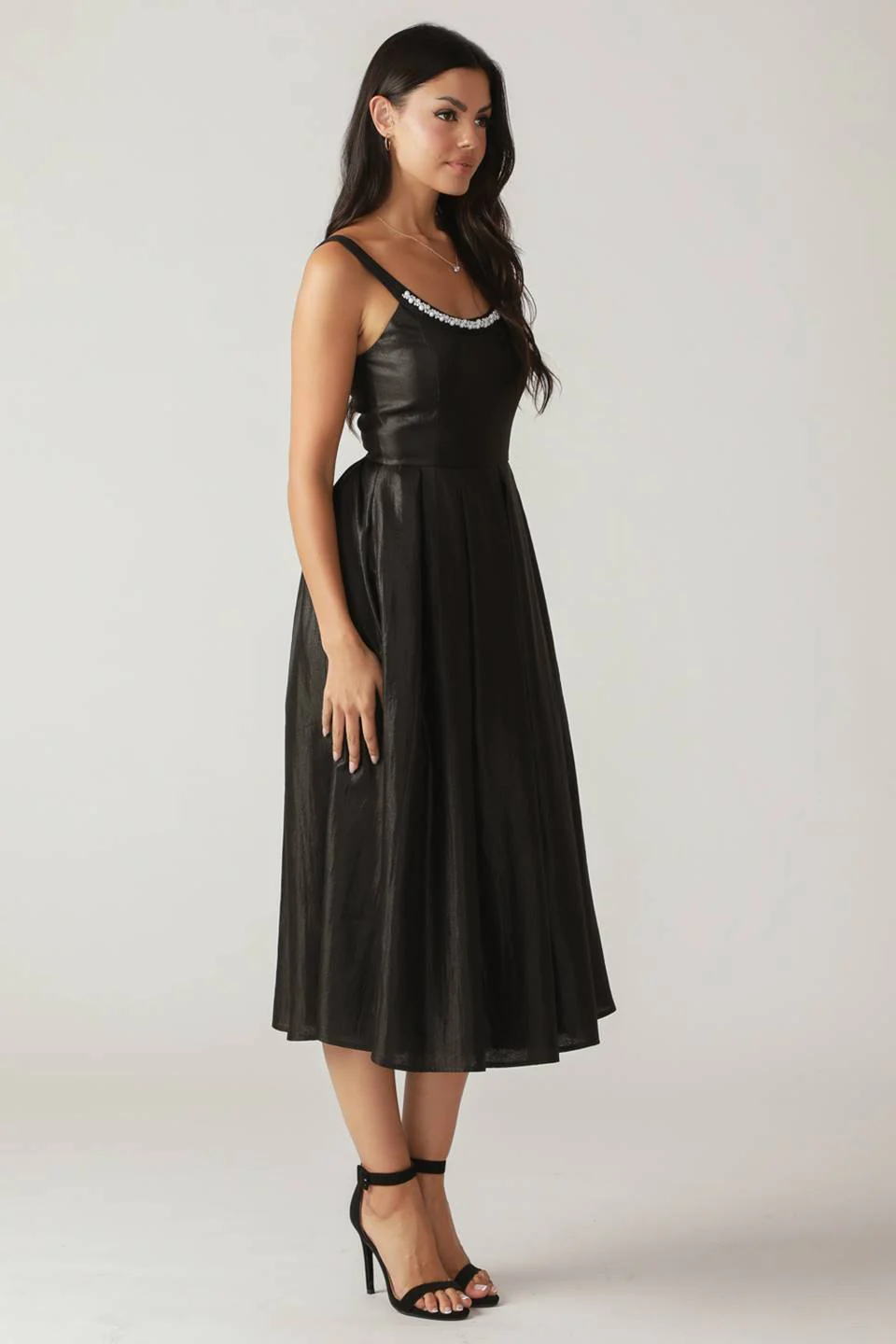 PEARL TRIM BLACK SATIN MIDI DRESS - FINAL SALE - Image 8