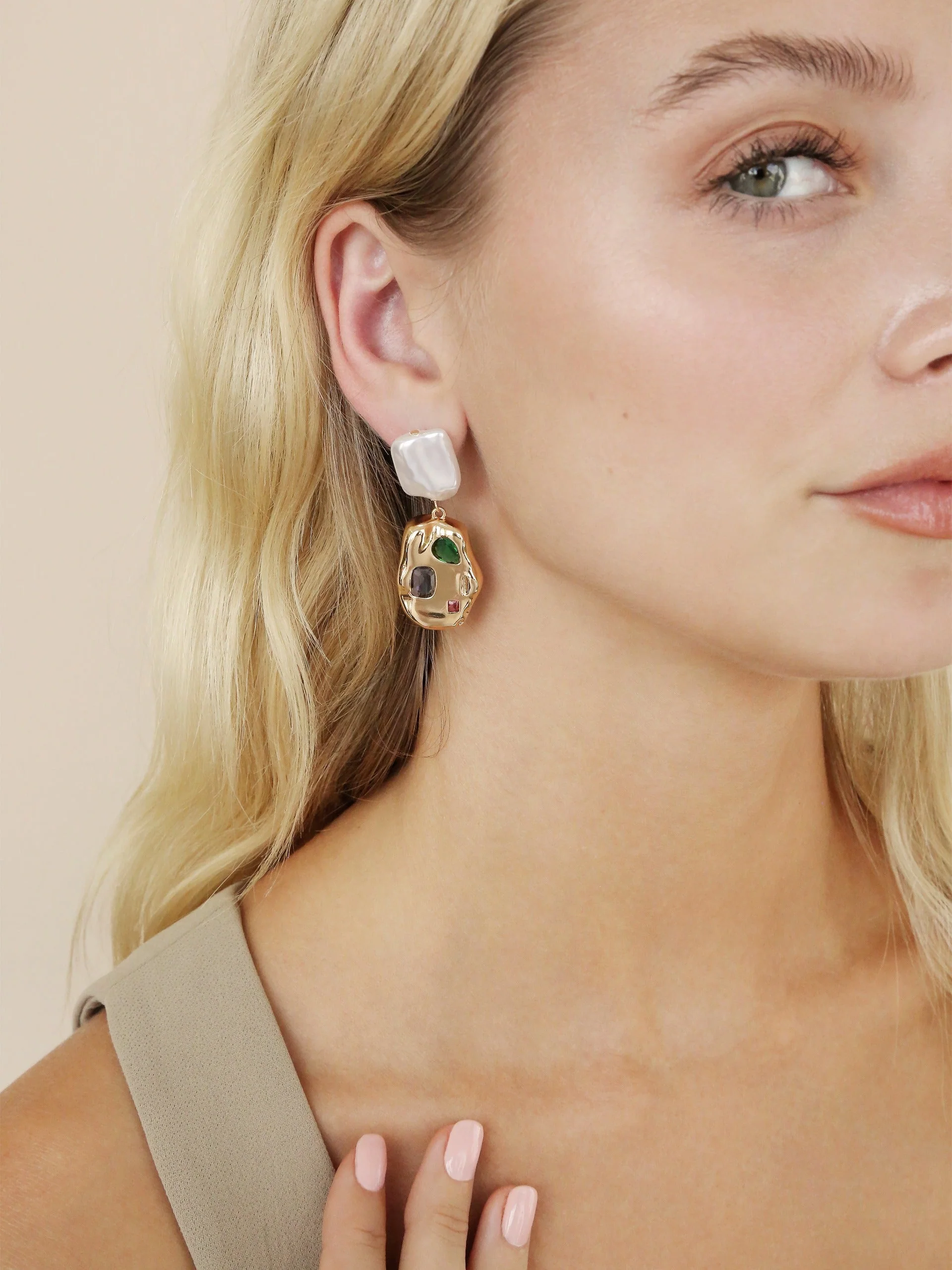 Rainbow Crystal Nugget & Pearl Earrings - Image 6