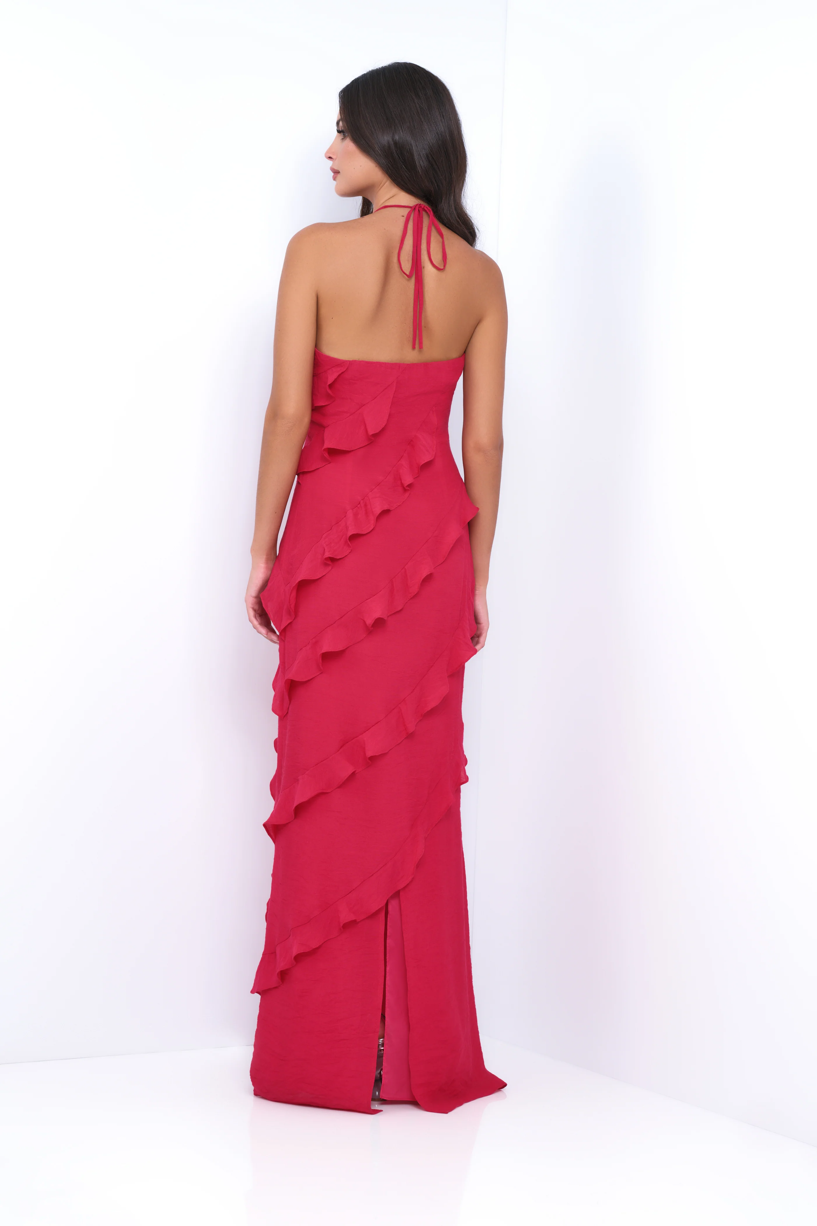 Remi Red Maxi Dress - Halter Neck, Open Back, Ruffle Detail - Image 2