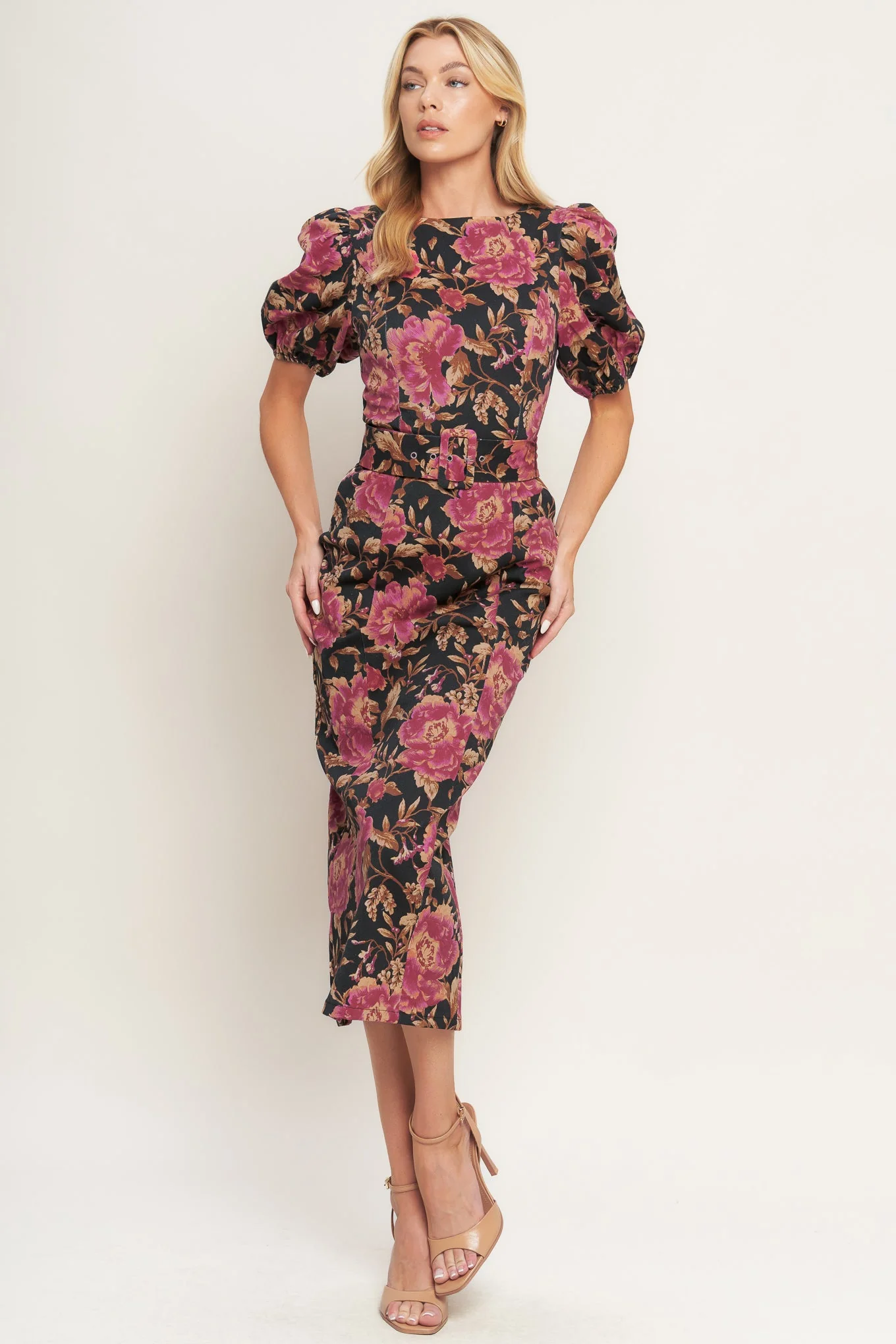 ROSE PUFF SLEEVE FITTED MIDI DRESS - Image 4