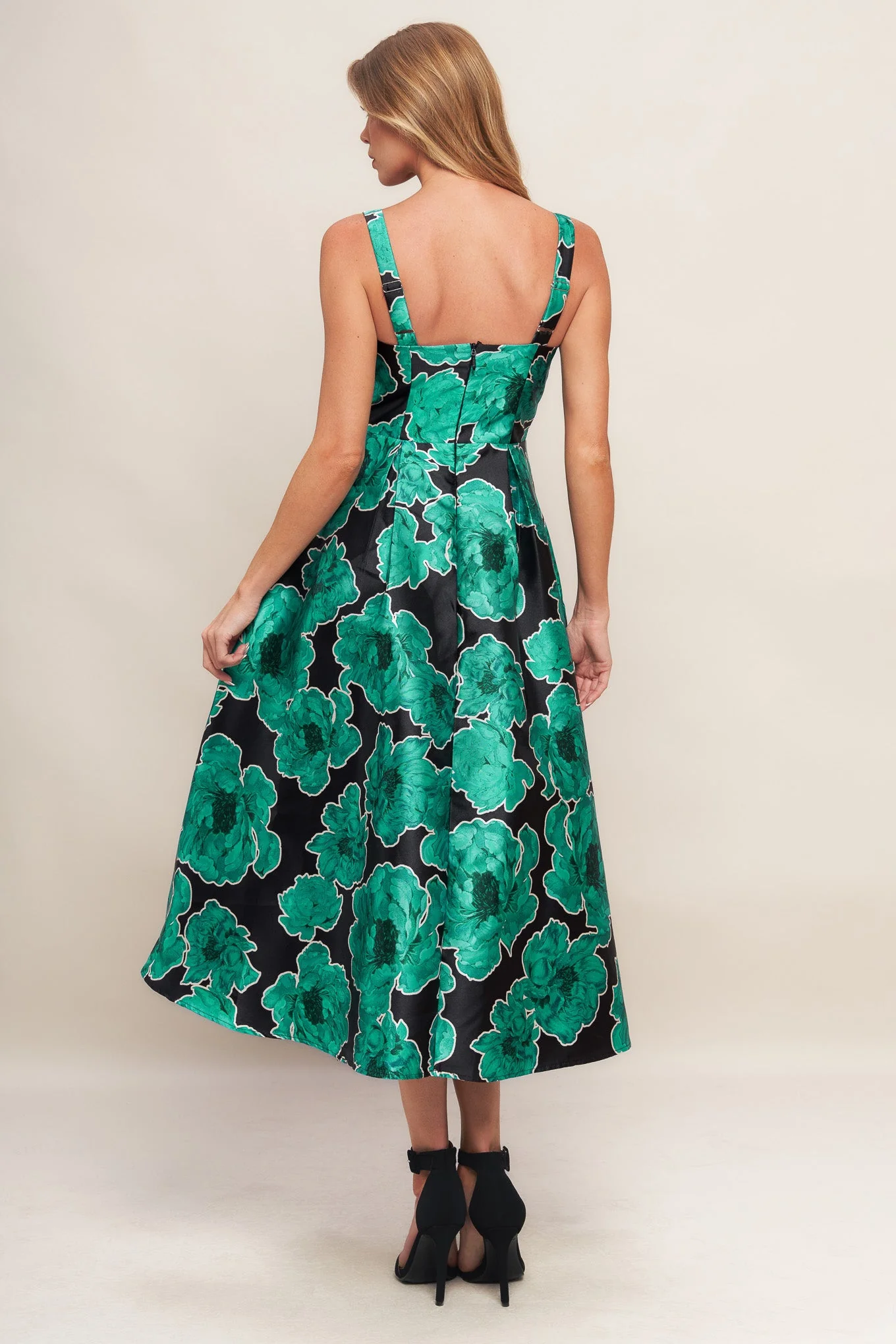 ROYAL BAROQUE GREEN FLORAL PRINT SATIN MIDI DRESS - Image 3