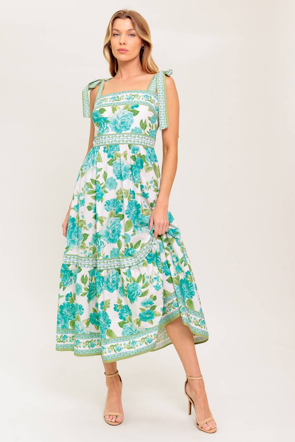 SEASIDE ESCAPES FLORAL MIDI DRESS - GREEN - Image 3