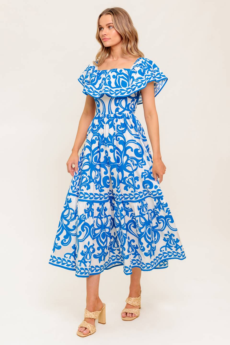 SERENADE MIDI DRESS - PRINTED OFF SHOULDER COTTON DRESS - Image 5