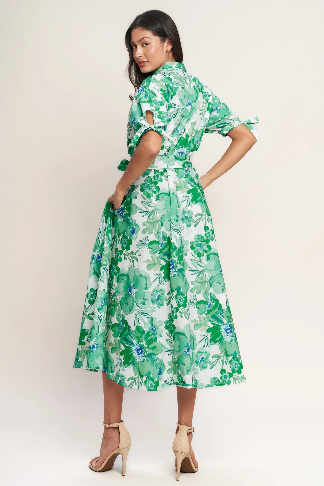 SIMPLY IN BLOOM GREEN FLORAL MIDI SHIRT DRESS - Image 2