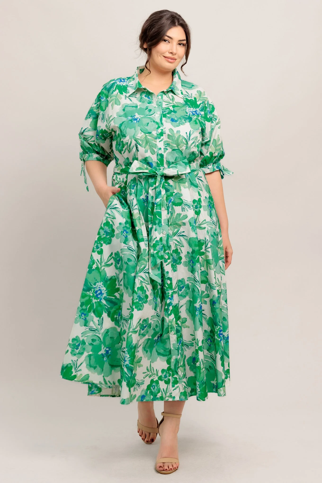 SIMPLY IN BLOOM GREEN FLORAL MIDI SHIRT DRESS - Image 6