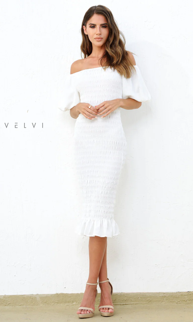 Skyla Shirred Midi Dress - WHITE - Image 7