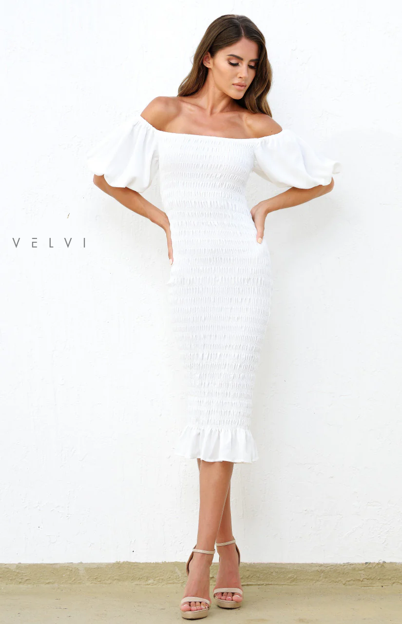 Skyla Shirred Midi Dress - WHITE - Image 9