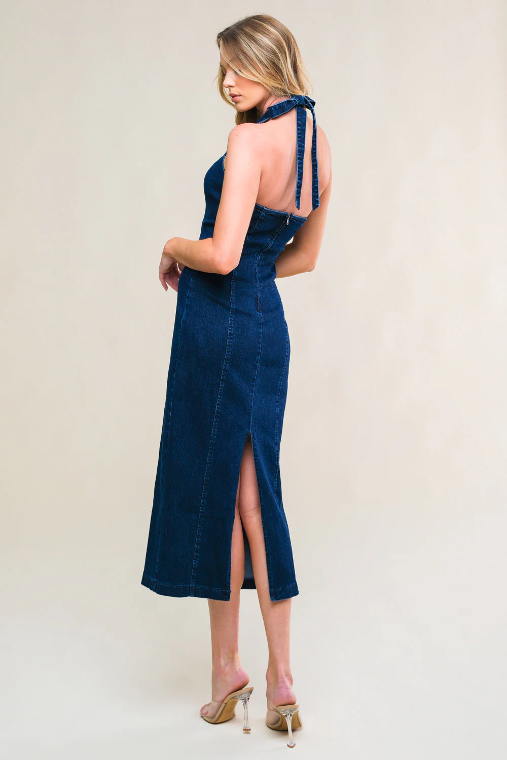 SO QUINTESSENTIAL - BODYCON HALTER DENIM MIDI DRESS - Image 2