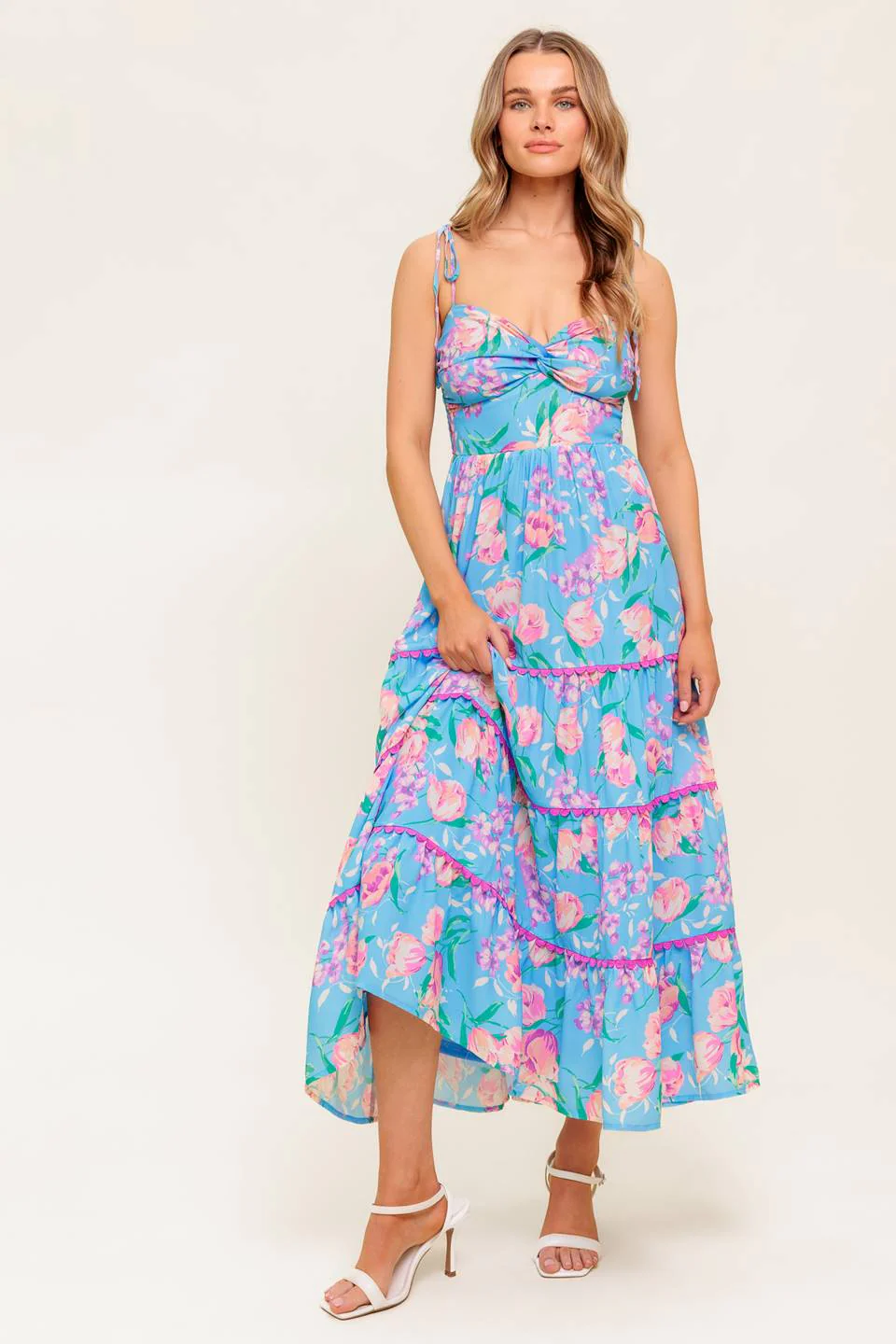 SOFT BLOOMS FLORAL MIDI DRESS - BLUE - Image 4