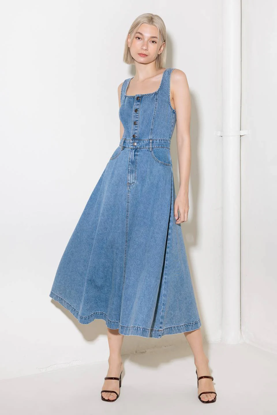 SOFTLY ROMANTIC - SQUARE NECKLINE DENIM MIDI DRESS - Image 3