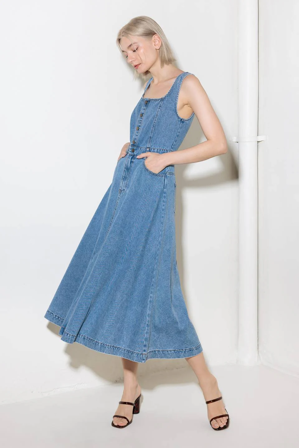 SOFTLY ROMANTIC - SQUARE NECKLINE DENIM MIDI DRESS - Image 5