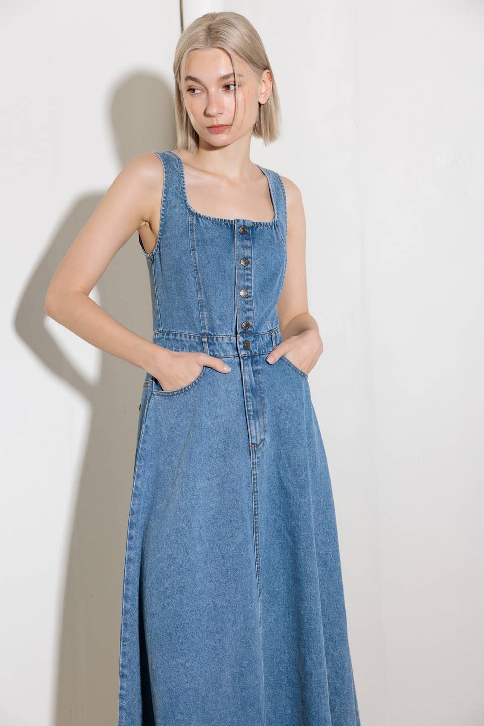 SOFTLY ROMANTIC - SQUARE NECKLINE DENIM MIDI DRESS - Image 6