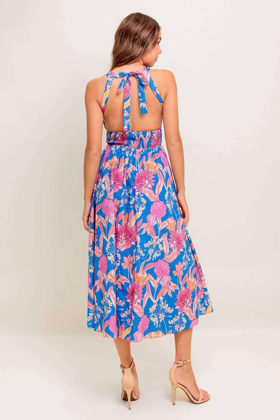 SOLANA MIDI DRESS - BLUE & PINK FLORAL HALTER DRESS - Image 3