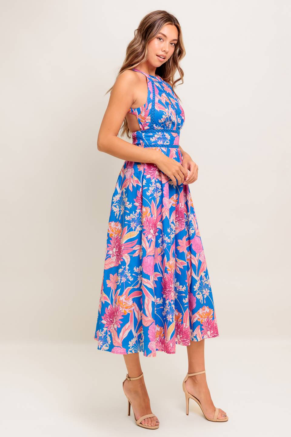 SOLANA MIDI DRESS - BLUE & PINK FLORAL HALTER DRESS - Image 6