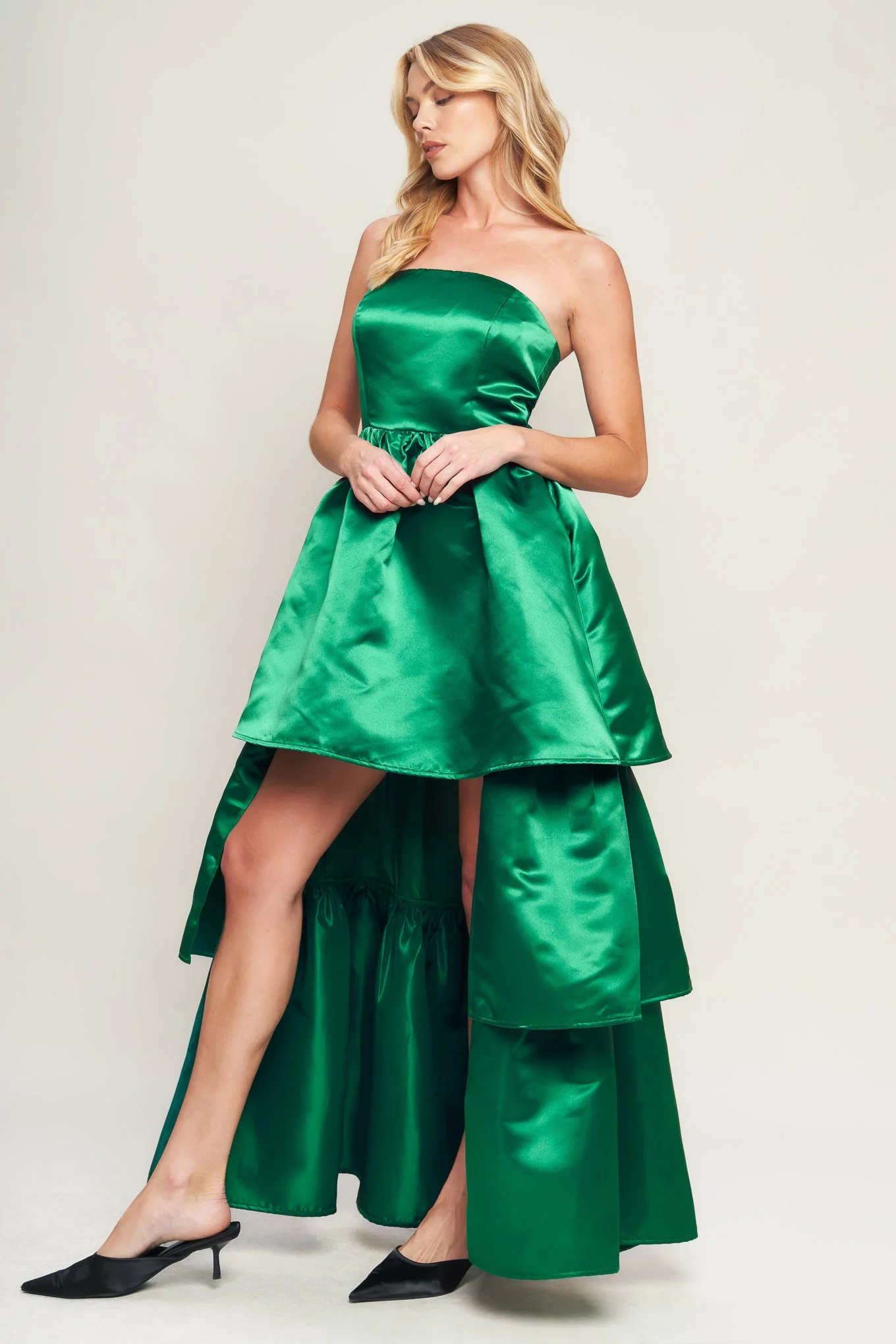 STRAPLESS GREEN SATIN MAXI DRESS WITH HIGH LOW HEM - Image 5