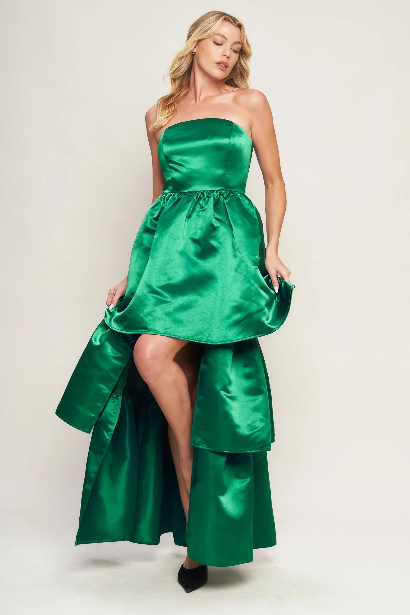 STRAPLESS GREEN SATIN MAXI DRESS WITH HIGH LOW HEM - Image 6
