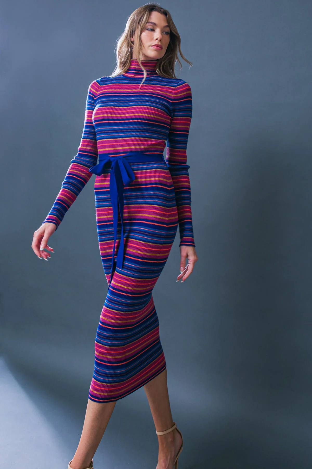 SWEATER WEATHER MIDI DRESS - BLUE & FUCHSIA STRIPE - Image 2
