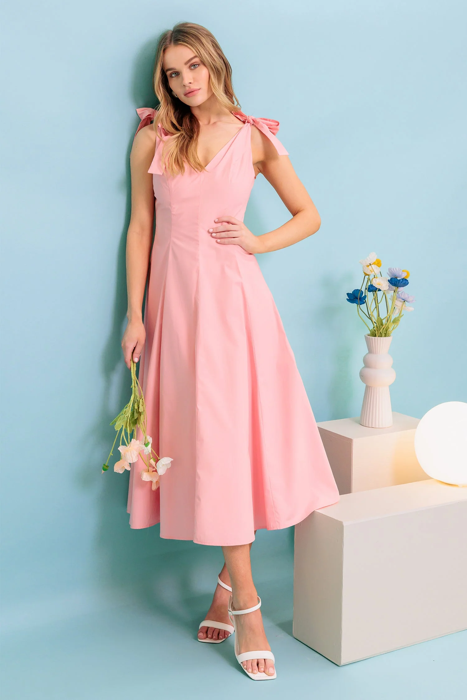 SWEET NOTHINGS SHOULDER BOW MIDI DRESS - PEACH - Image 2