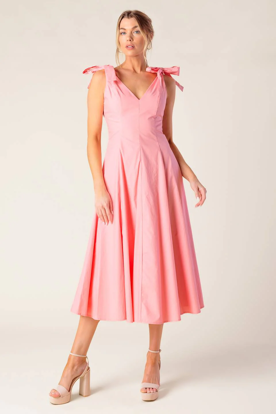 SWEET NOTHINGS SHOULDER BOW MIDI DRESS - PEACH - Image 8