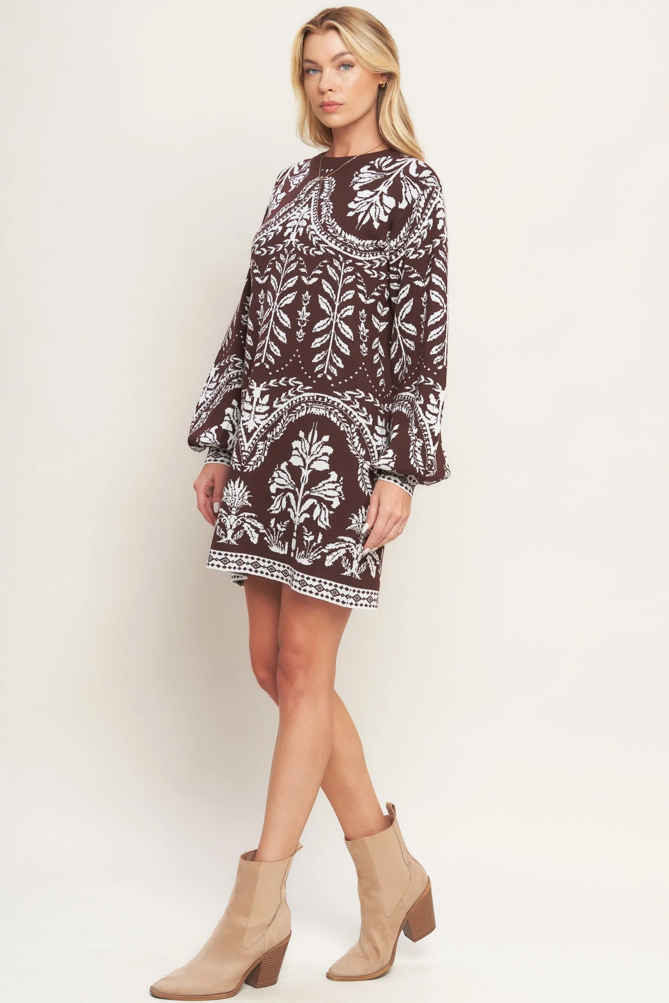 TERRA TAPESTRY BROWN SWEATER KNIT MINI DRESS
