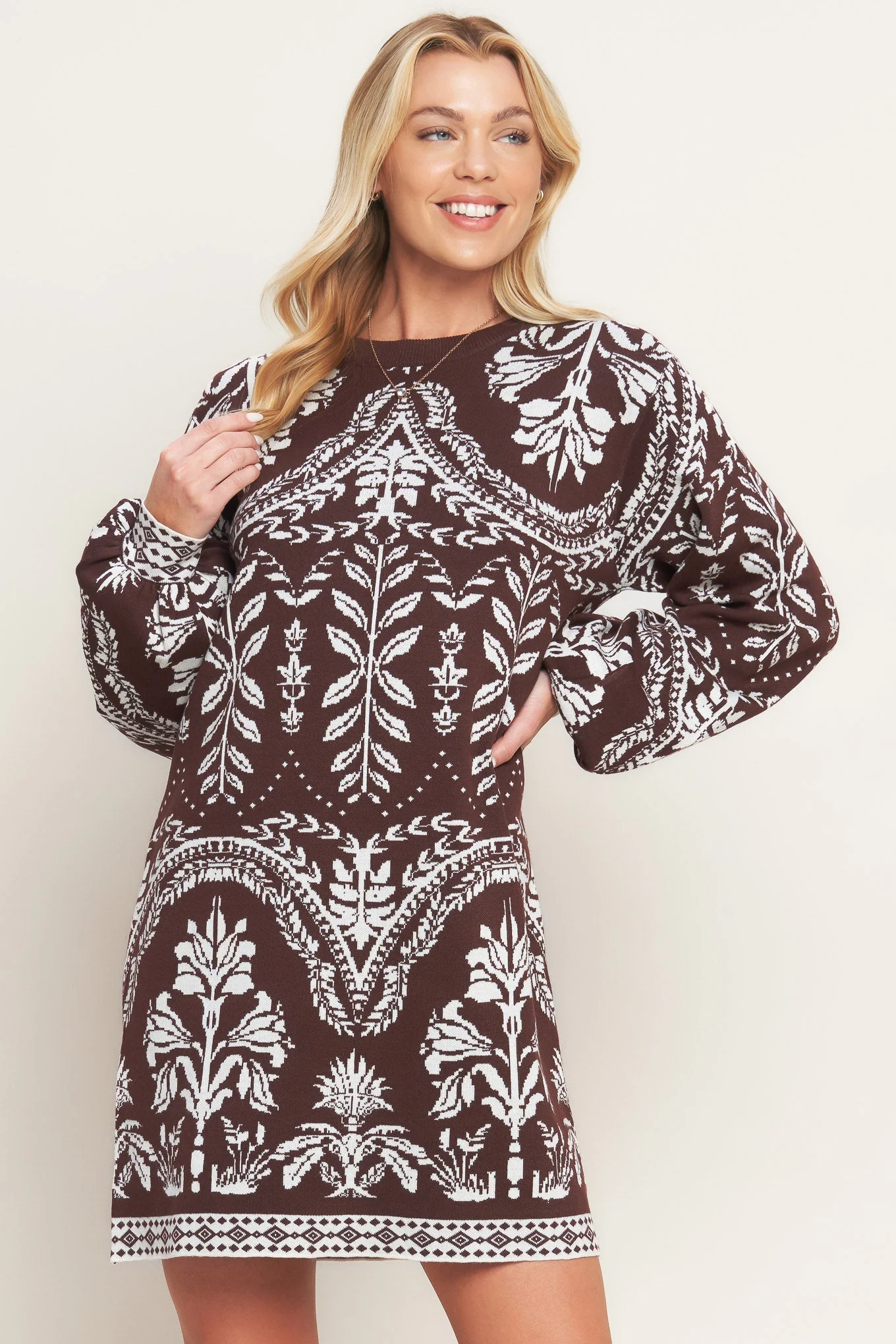 TERRA TAPESTRY BROWN SWEATER KNIT MINI DRESS - Image 3