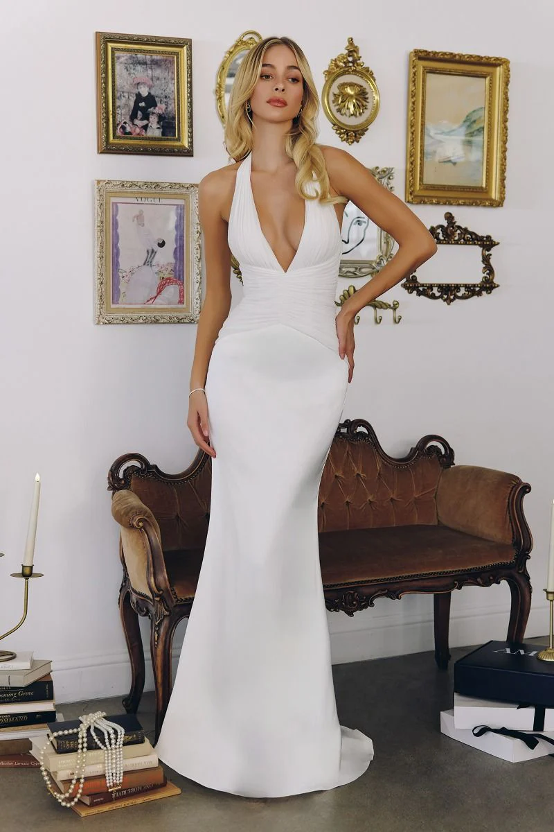 Tessa Gown - Off White Mermaid Halter Satin Gown - Image 5