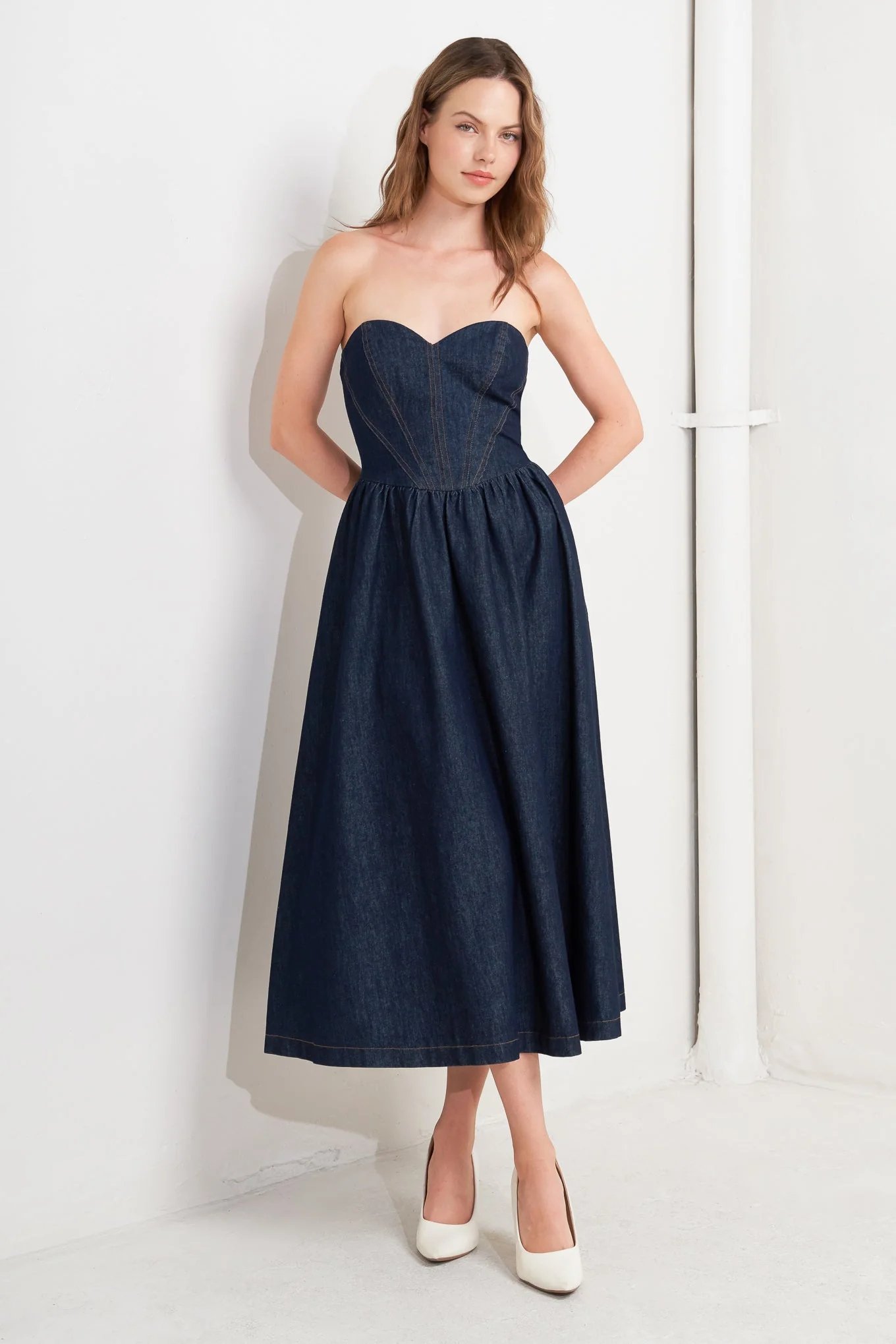 VINTAGE SIREN DARK DENIM MIDI DRESS - Image 3