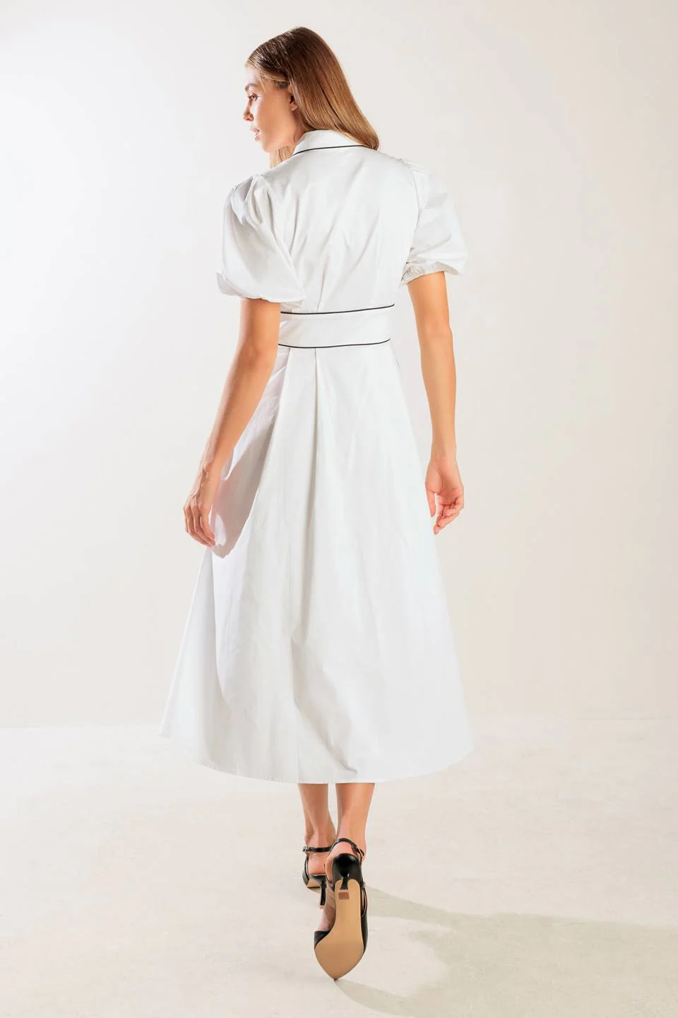 VINTAGE VIBES PUFF SLEEVE MIDI DRESS - WHITE - Image 2