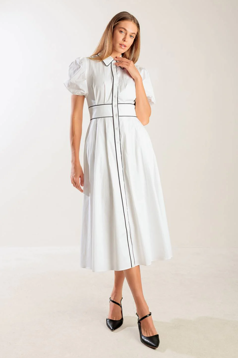VINTAGE VIBES PUFF SLEEVE MIDI DRESS - WHITE - Image 3