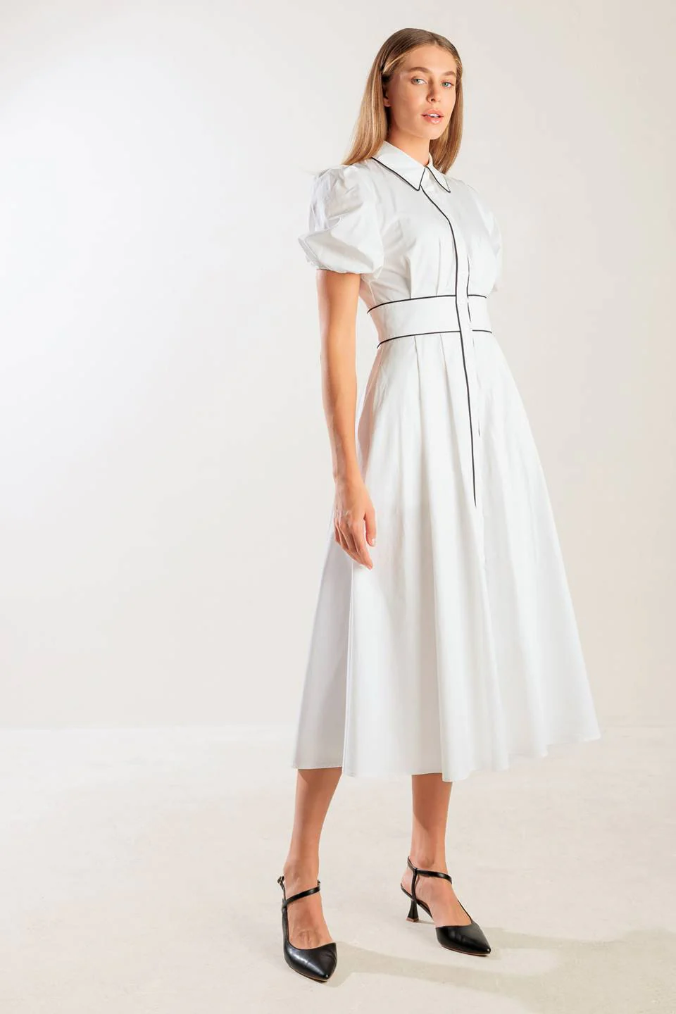 VINTAGE VIBES PUFF SLEEVE MIDI DRESS - WHITE - Image 5