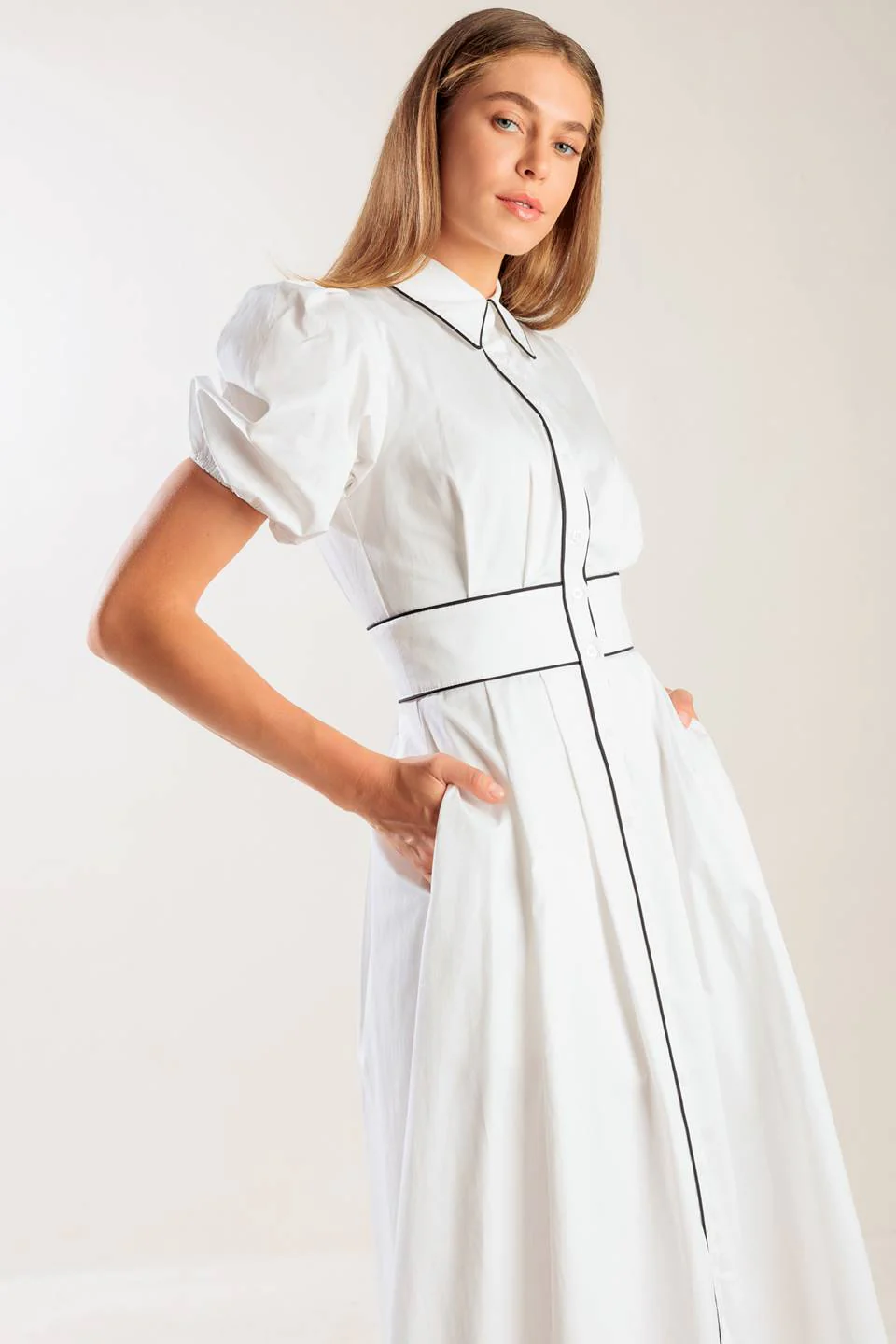 VINTAGE VIBES PUFF SLEEVE MIDI DRESS - WHITE - Image 6