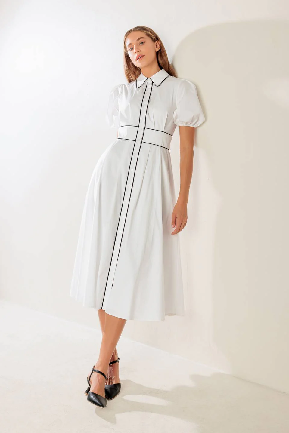 VINTAGE VIBES PUFF SLEEVE MIDI DRESS - WHITE - Image 7