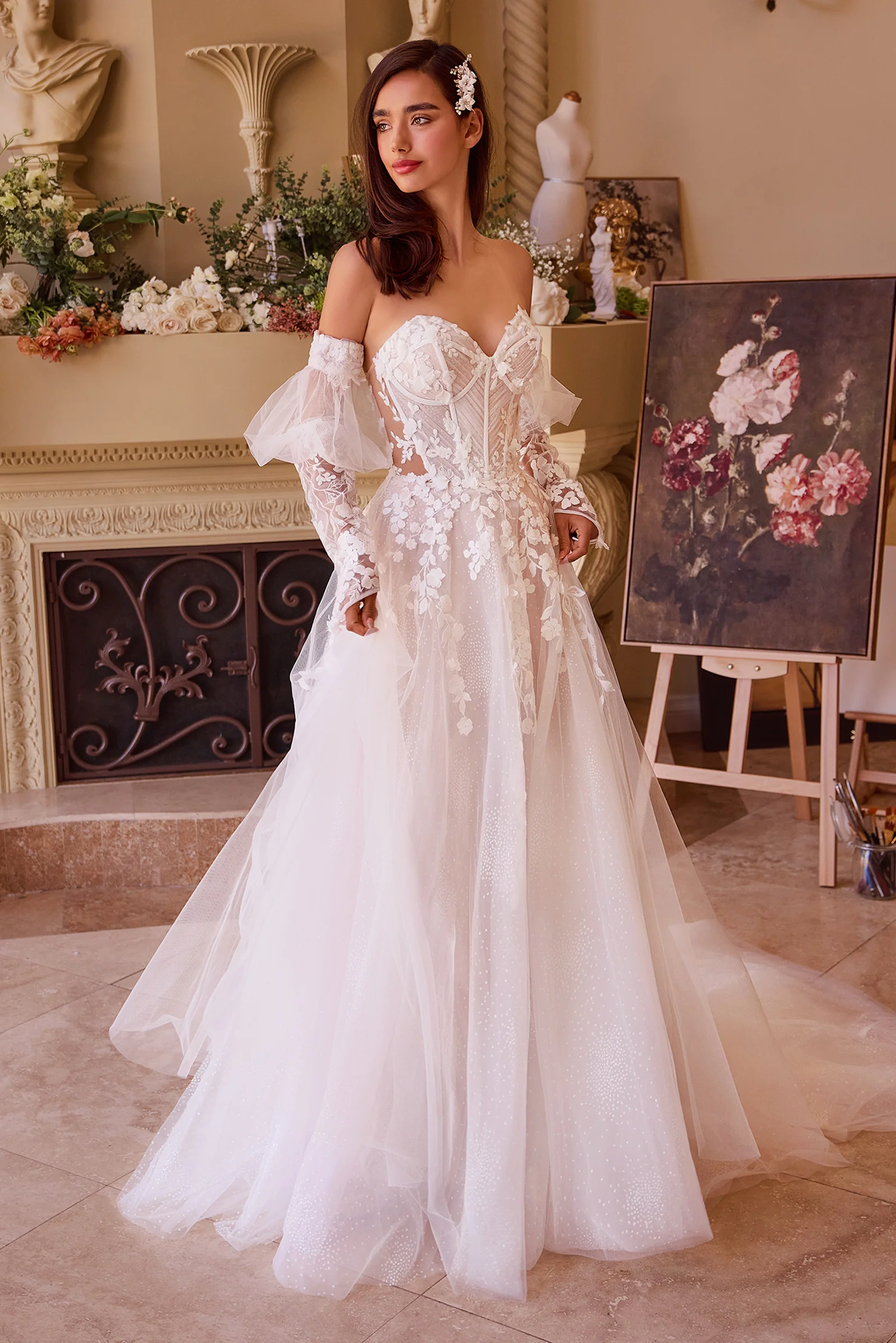 WL032 - Floral Appliqued Strapless Wedding Ball Gown - Andrea & Leo - Image 2