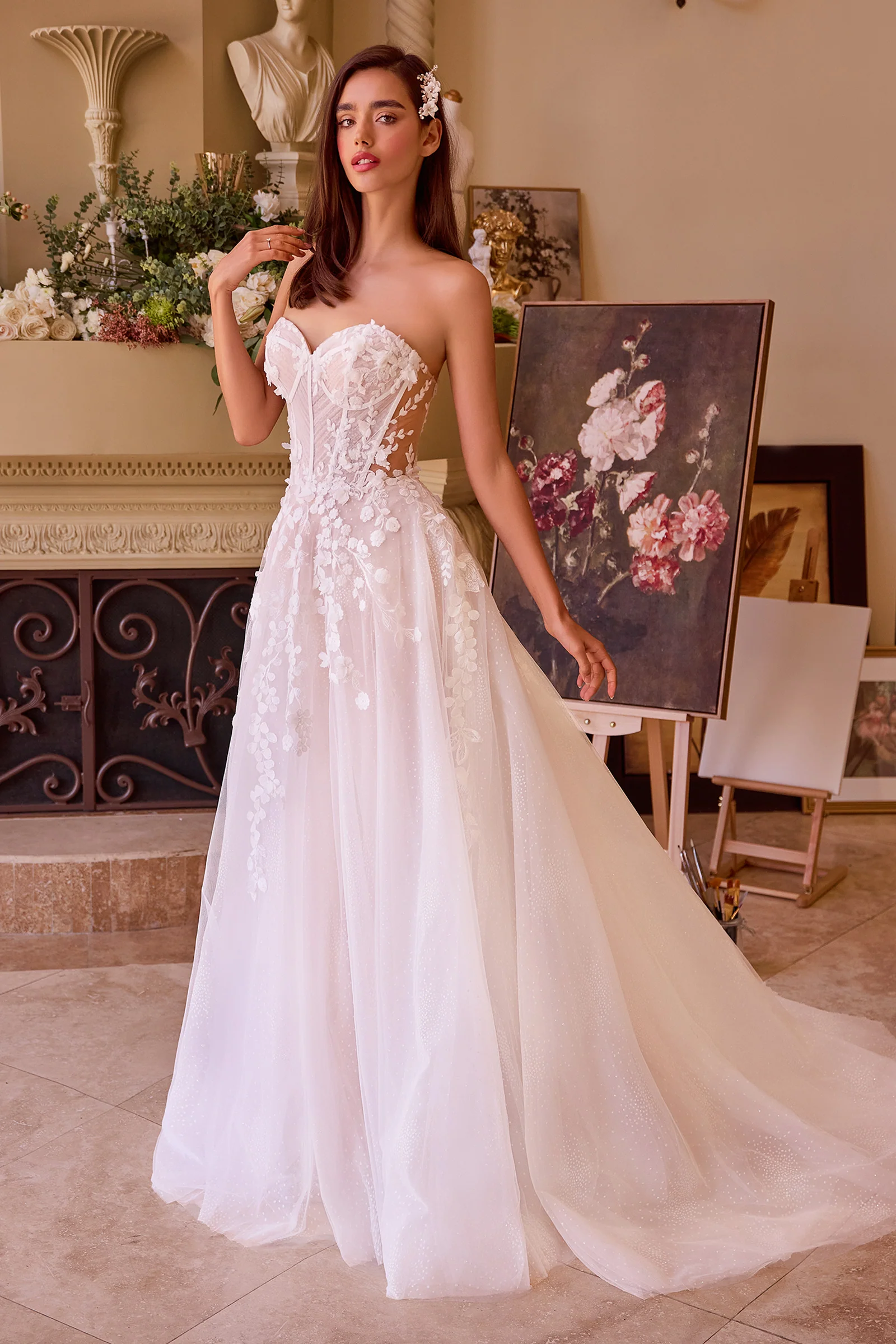 WL032 - Floral Appliqued Strapless Wedding Ball Gown - Andrea & Leo - Image 3