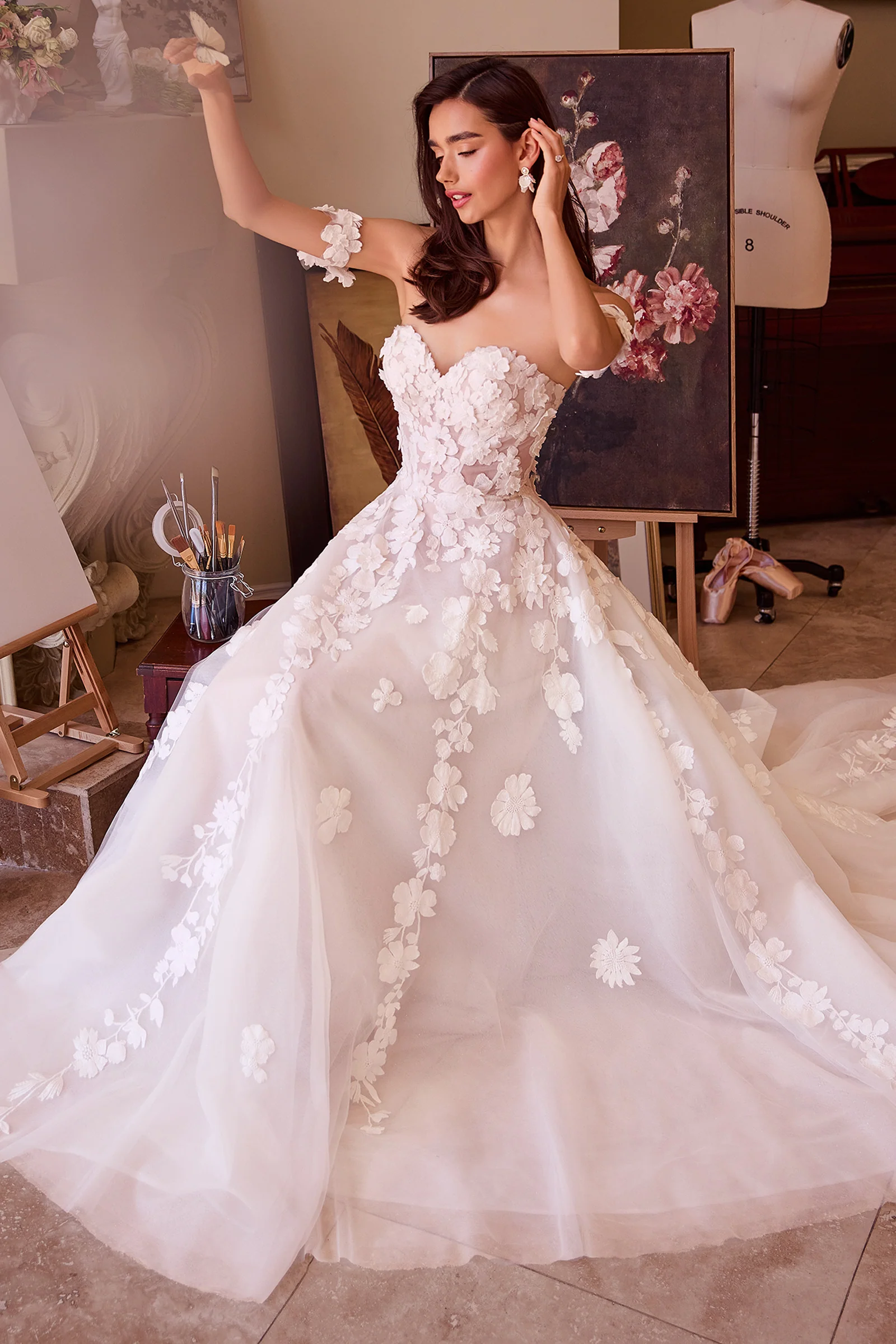 WL039 - Strapless Floral Lace Bridal Ball Gown - Andrea & Leo - Image 3