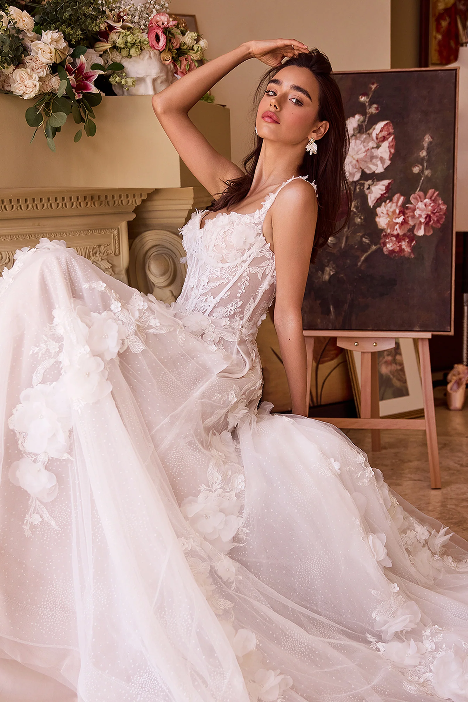 WL045 - Intricate Floral Applique A-Line Tulle Wedding Dress - Andrea & Leo - Image 2