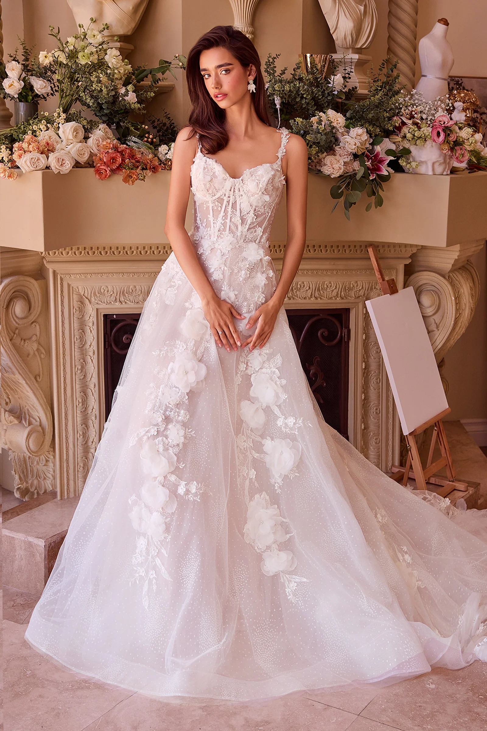 WL045 - Intricate Floral Applique A-Line Tulle Wedding Dress - Andrea & Leo - Image 4