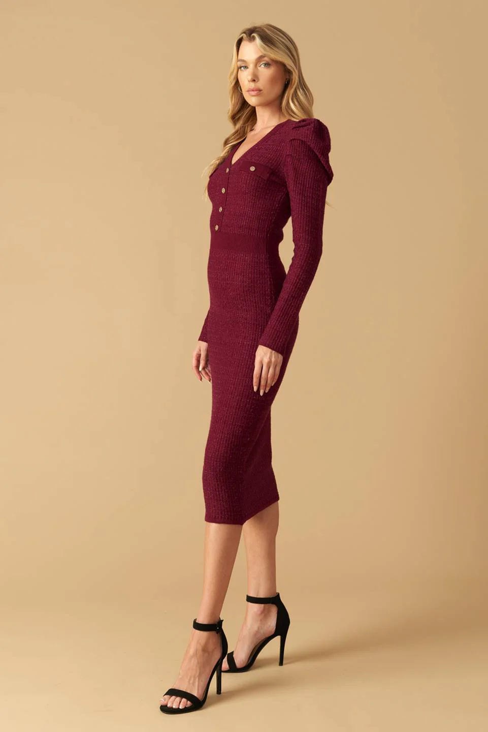 YOUNG LOVE - BURGUNDY - PUFF SLEEVE SWEATER DRESS - FINAL SALE - Image 3