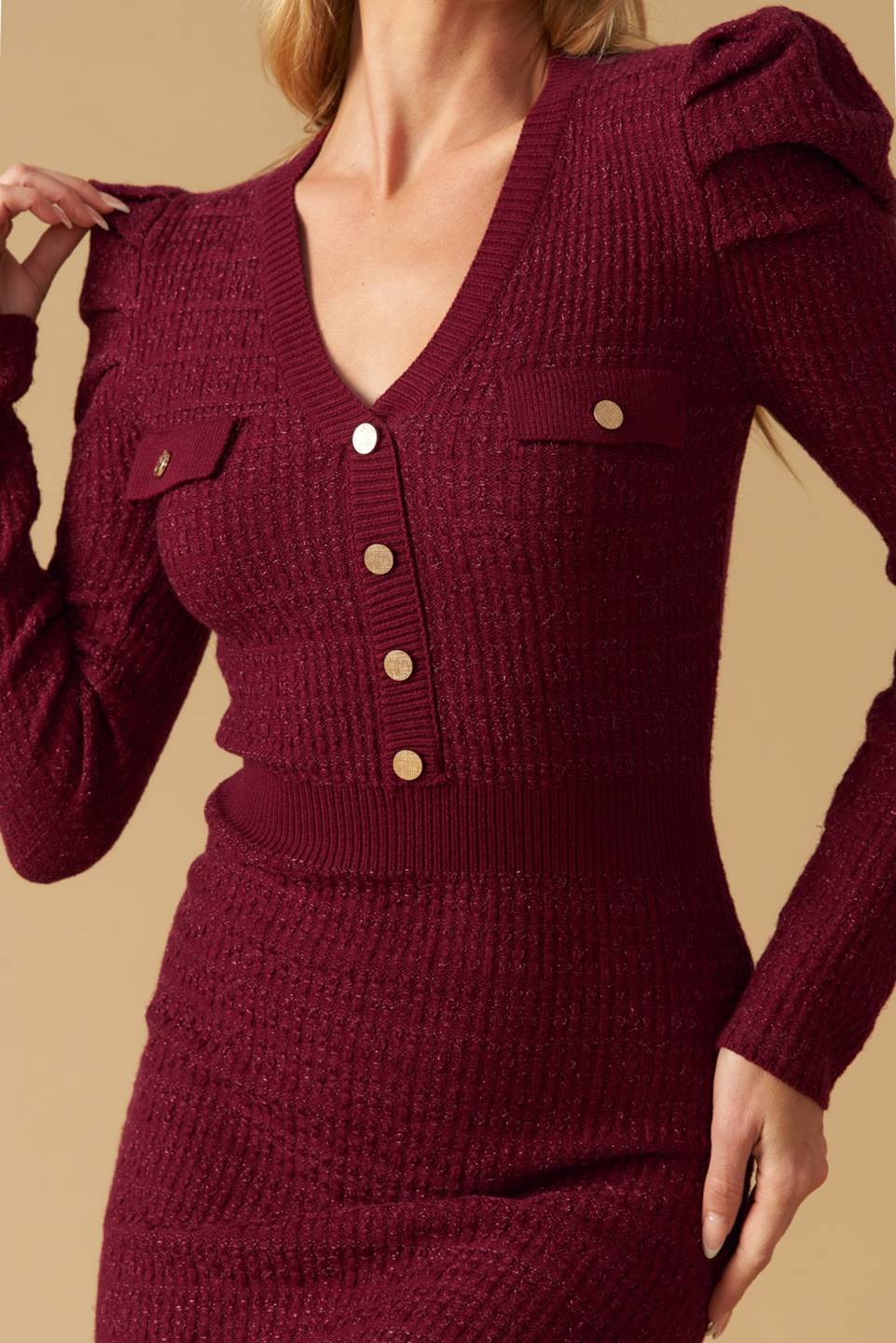 YOUNG LOVE - BURGUNDY - PUFF SLEEVE SWEATER DRESS - FINAL SALE - Image 5
