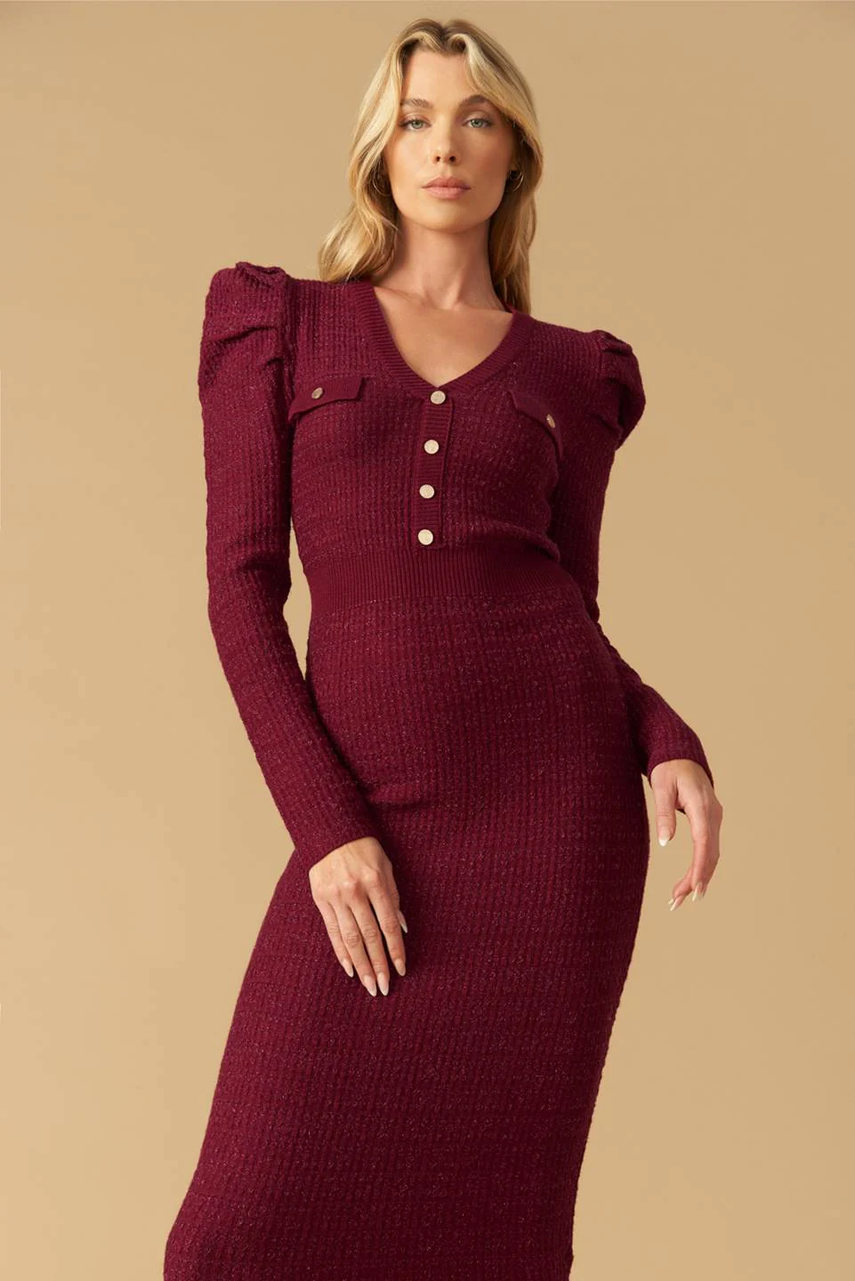 YOUNG LOVE - BURGUNDY - PUFF SLEEVE SWEATER DRESS - FINAL SALE - Image 7